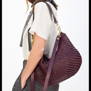 Clare V Moyen Messenger bag in Plum Woven Checker w Tortoise Resin Shortie Strap